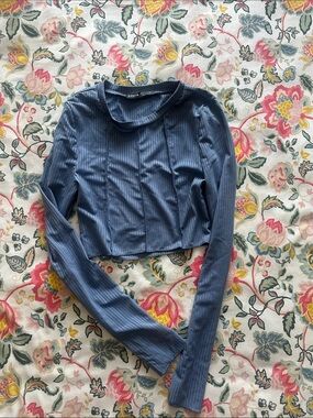 SHEIN Slate Blue Ribbed Long-Sleeve Crop Top